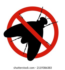 Anti fly, pest control. Stop insects sign. Silhouette of fly in red forbidding circle, vector illsutration