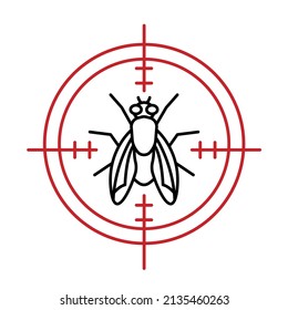 Anti fly sign. Insect protection icon. Fly-repellent spray, creme, pictogram. Insectifuge round symbol. Editable vector illustration in black, red color isolated on a a white background.