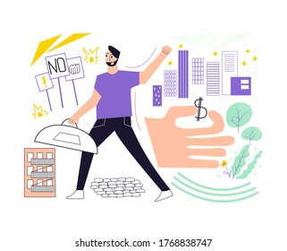 Anti gentrification protest.  Landscape urbanism. Man supporter of a bill to ban most no-cause evictions of home renters take part in a demonstration. Neighborhood gentrification. Flat illustration 