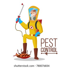 Anti Germs Vector. Exterminator. Spraying Pesticide. Chemical Protective Suit Termites. Disinfection. Cartoon Character Illustration