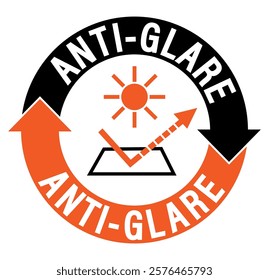 Anti glare label sign, with a glass surface protecting from the direct sunlight in a circle made of curved arrows with orange and black colors