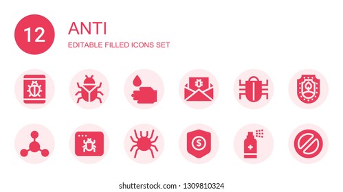 anti icon set. Collection of 12 filled anti icons included Bug, WASHING HANDS, Malware, Bacterias, Infected, Protection, Antiseptic, Banned