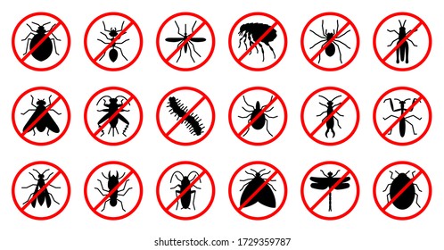 Anti insect black silhouette icon in red circle  stop vermin virus infection bite  pest control  danger sign  Simple symbol animal protection  Vector illustration isolated white