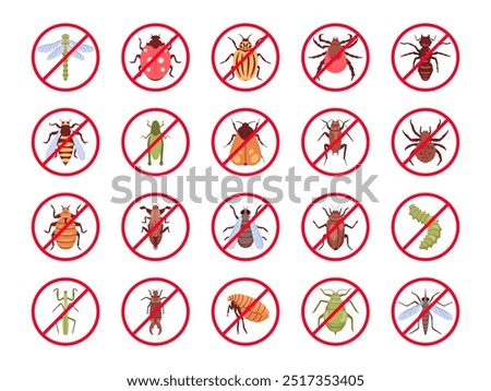 Anti insect signs. Stop insects icon, pest control repellent bug silhouette no pests repellan parasites danger vermin sign mosquito tick fly ant flea, swanky vector illustration original artwork