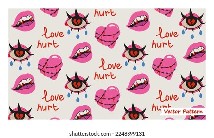 Anti love seamless pattern  Bad Valentines Day concept print  Pink   Red elements in trendy tattoo style  Heart  hearteater  heartbreaker  tears  sad mood  Vector Illustration 