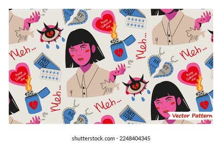 Anti love seamless pattern. Bad Valentines Day concept print. Pink and Red elements in trendy tattoo style. Heart, valentine, burn, heartbreaker, tears, girl, lonely mood. Vector Illustration.