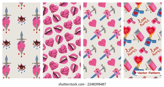 Anti love seamless pattern collection. Bad Valentines Day concept. Pink and Red elements in trendy tattoo style. Heart, hearteater, heartbreaker, tears, sad mood. Vector Illustration.