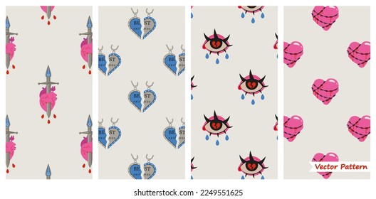 Anti love seamless pattern collection  Bad Valentines Day concept  Vector elements in trendy tattoo style  Heart  hearteater  heartbreaker  tears  sad mood 