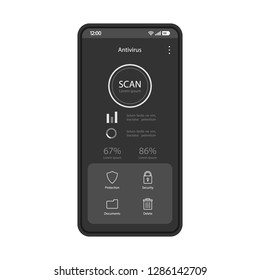 Anti malware smartphone app interface vector template. Mobile antivirus application page black layout. Virus and digital threats scan screen. Flat firewall UI. Phone display with errors statistics