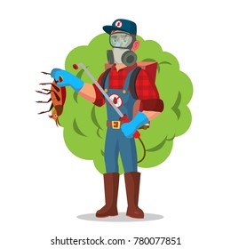 Anti Microbes Sanitation Vector Concept. Worker Spraying Pesticide. Chemical Protective Suit Termites. Disinfection. Isolated On White Cartoon Character Illustration