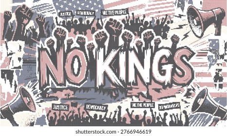 Anti monarchy protest illustration featuring a diverse crowd of activists with raised fists and megaphones against a halftone USA flag background, emphasizing democratic values and No Kings typography