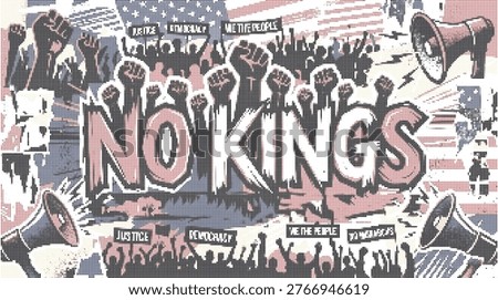 Anti monarchy protest illustration featuring a diverse crowd of activists with raised fists and megaphones against a halftone USA flag background, emphasizing democratic values and No Kings typography