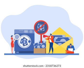 Anti Money Laundering acronym or Aml or Against Money Laundering,Aml  Washing Machine Stop Corruption and Illegal Business. Cartoon People Vector Illustration