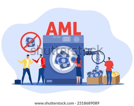 Anti Money Laundering acronym or Aml or Against Money Laundering,Aml  Washing Machine Stop Corruption and Illegal Business. Cartoon People Vector Illustration
