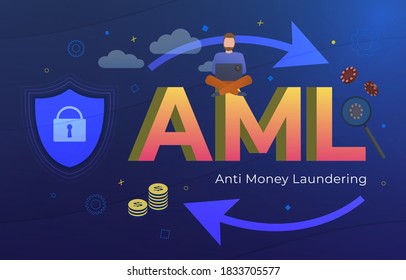Anti Money Laundering (AML acronym) Business Concept. Stop illegal dirty money and financial bank corruption. Man with a laptop and inconspicuous bitcoin sticker around the casino chip and fiat money.