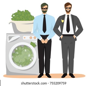 Anti money laundering concept vector illustration. Happy businessman with hands in pockets and criminal in handcuffs standing next to washer full of dirty illegal money.