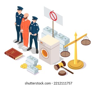 Anti money laundering, law and justice 3d vector scene. Policeman and offender illustration. Stop corruption, illegal business and financial fraud concept