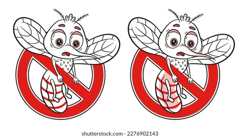 Anti mosquito bite, stop parasite insect sucking blood, garden pest control line icon. Funny malaria gnat character with sting, wing. Red prohibition sign. Kill flying midge. Insecticide spray. Vector