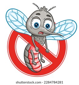 Anti mosquito bite, stop parasite insect sucking blood, garden pest control icon. Red prohibition sign. Cute malaria gnat bloodsucker flying character. Danger parasitic midge bug, insecticide. Vector