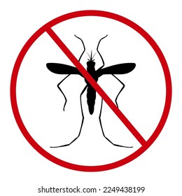 Antimoskitosymbol. Stoppt Insekten! Blutsucker-Kontrollzeichen. Kreuzung. Verbotene Gnat. Abwehrspray. Gefahrensymbol oder Warnsymbol. Silhouette Bug. Design für Vektorgrafik