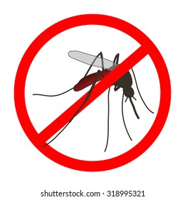 Anti mosquito sign with a realistic mosquito. Mosquito silhouette. Sign anti-Mosquito isolated  on white background. no mosquito. stop mosquito. Vector illustration
