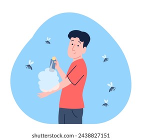 Anti mosquito spray use. Seasonal self safety from insect bites and diseases. Man and flying around mosquitoes, problems on nature recent vector scene