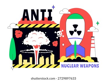 Ilustração vetorial de protesto contra armas nucleares com paz global, conscientização sobre o desarmamento e design de fundo de campanha humanitária