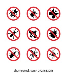 Anti pest control ban, prohibition parasitic insects. Stop, warning, forbidden bug icon set. No, ban cockroach, spider, bee, fly, mite, mosquito, ant, butterfly signs