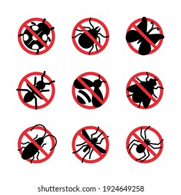 Anti pest control ban, prohibition parasitic insects. Stop, warning, forbidden bug icon set. No, ban cockroach, spider, bee, fly, mite, mosquito, ant, butterfly signs