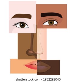 Anti racism concept. Collage of multiracial people,forming a human face.