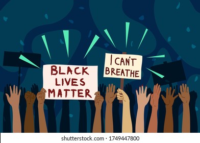 Anti racism demonstration. Group of people hands up fighting for human rights. Rebel and manifestation protest concept. Black lives matter. I can't breathe quote.