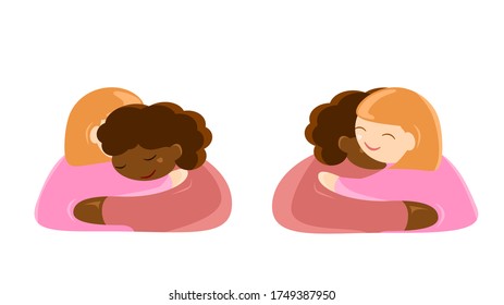 Anti- racism and multi-ethnicity concept. 2 women, one black and one white hug each other with mirror image. Vector illustration cute icon