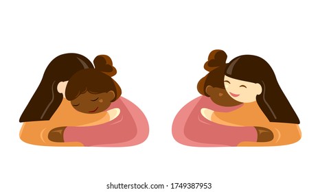 Anti- racism and multi-ethnicity concept. 2 women, one black and one Asian hug each other with mirror image. Vector illustration cute icon
