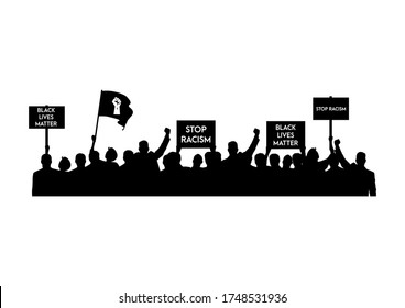 Anti Racism protest demonstration. People hold anti racism banner, black lives matter, Stand up against racism, stop racism demonstration.  Flat design vector illustration 