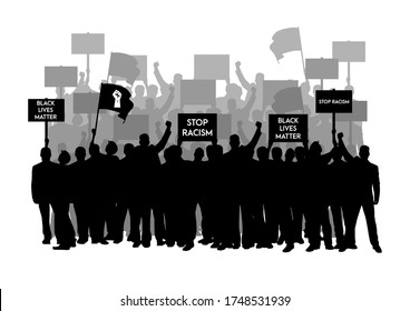 Anti Racism Protest Demonstration. People Hold Anti Racism Banner, Black Lives Matter, Stand Up Against Racism, Stop Racism Demonstration.  Flat Design Vector Illustration 