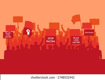 Anti Racism protest demonstration. People hold anti racism banner, black lives matter, Stand up against racism, stop racism demonstration.  Flat design vector illustration 