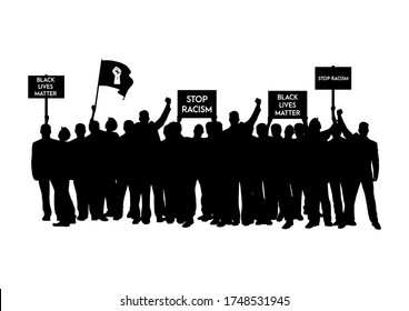 Anti Racism protest demonstration. People hold anti racism banner, black lives matter, Stand up against racism, stop racism demonstration.  Flat design vector illustration 