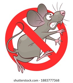 Anti rodent sign with a funny cartoon mouse. Cartoon pest mouse series.