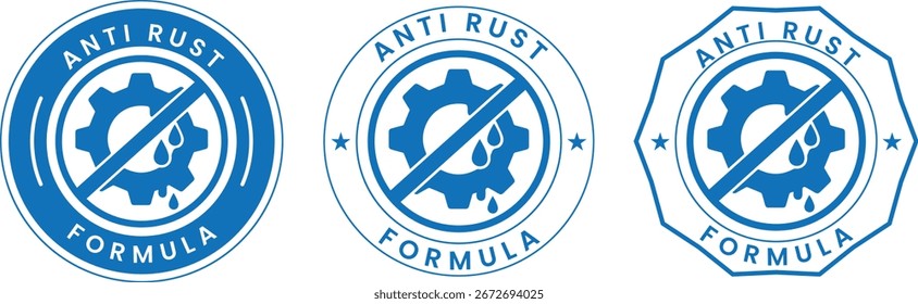 Anti Rust Formula Label Vector Set, Corrosion Protection Badge Icons, Metal Care Sticker, Industrial Safety Symbol, Blue Seal Design