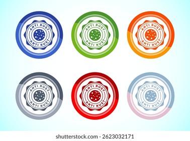 Ilustração de design de ícone antiferrugem. Anti oxidação, símbolo de sinal resistente à ferrugem, conjunto de design de botão de 6 cores