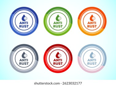Ilustração de design de ícone antiferrugem. Anti oxidação, símbolo de sinal resistente à ferrugem, conjunto de design de botão de 6 cores