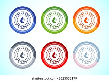 Ilustração de design de ícone antiferrugem. Anti oxidação, símbolo de sinal resistente à ferrugem, conjunto de design de botão de 6 cores