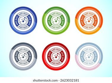 Ilustração de design de ícone antiferrugem. Anti oxidação, símbolo de sinal resistente à ferrugem, conjunto de design de botão de 6 cores
