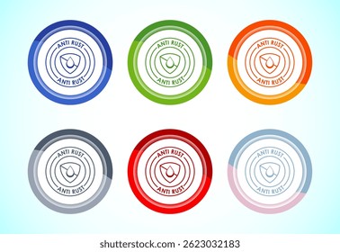Ilustração de design de ícone antiferrugem. Anti oxidação, símbolo de sinal resistente à ferrugem, conjunto de design de botão de 6 cores