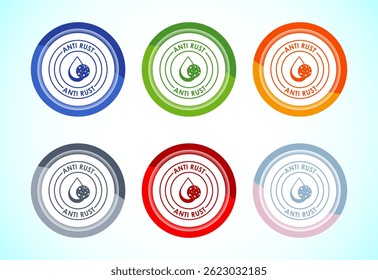 Ilustração de design de ícone antiferrugem. Anti oxidação, símbolo de sinal resistente à ferrugem, conjunto de design de botão de 6 cores