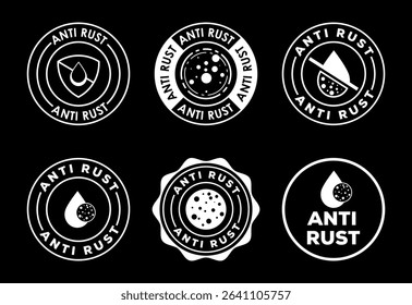 Anti rust icons set design. Anti oxidation sign, Rust resistant symbol white on black background