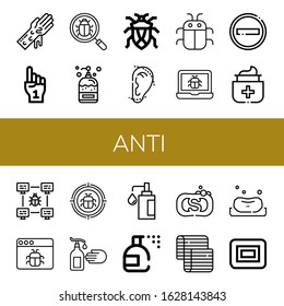 anti simple icons set. Contains such icons as Hand washing, Foam hand, Bug, Soap, Otoplasty, No entry, Antiseptic, Malware, Hand wash, Insecticide, can be used for web, mobile and logo