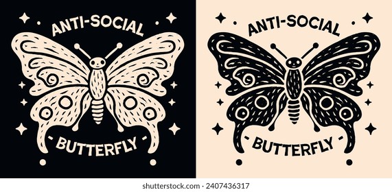 Dibujo con letras de mariposa antisocial. Ilustración estética cursi retro vintage bruja. La ansiedad social introverte citas asociales para las mujeres. Presentar el diseño de camisetas de texto, pegatinas y vectores de impresión.