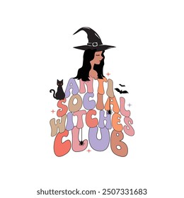 Diseño antisocial de la camiseta del club de brujas de Halloween, Vector retro de Halloween