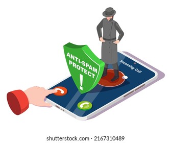 Anti spam mobile protect service vector. Unknown incoming call scam block. Smartphone hacker cheating secure. Phone antivirus application and privacy safety